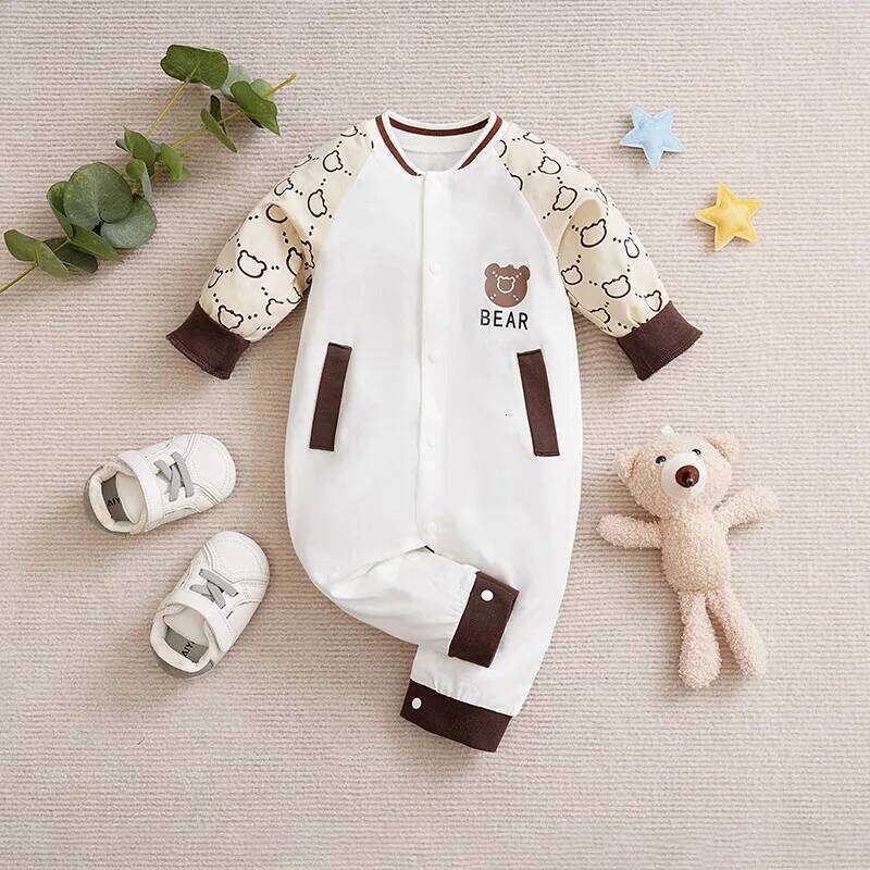 Newborn BoyAndGirl Jumpsuit Baby Cute Patchwork Color Contrast Graphic Teddy Bear Spring And Autumn Long SleevedJumpsuit 26Y0224