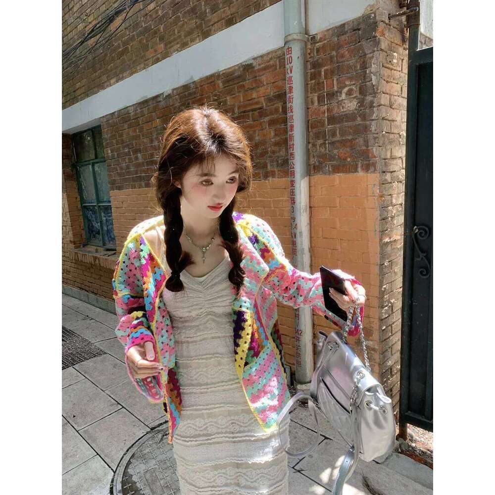 SALIENCY Colorful Crochet Knit Hollow Cardigan Sweater Jacket Women Spring Top Loose Short Knitwear 26L0224