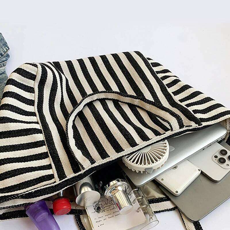 Simple Striped Shoulder Bag New Large Capacity Canvas Women Shopper Tote Female Casual Multifunctional Travel Top-handle Handba Z260224