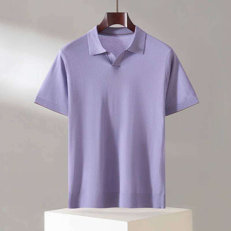 Men's 100% Lyocell Casual Solid Color Knitted Pullover T-Shirt Short Sleeve Loose POLO Collar Top Pull on Vest 26W0224