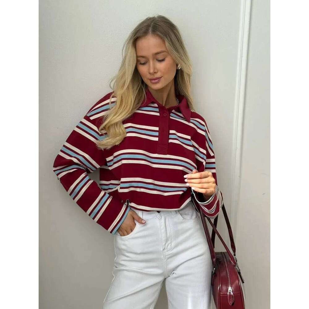 Bornladies Spring Summer New Women's Retro Striped Polo Collar Oversized Long Sleeve T - Shirt Trendy Casual Loose Basic Top 26W0224