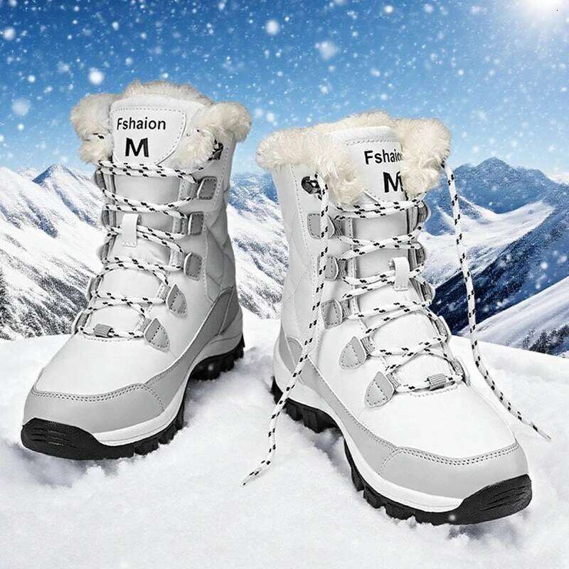 Warm Elegant Thick Cotton Fleece Anti Slip Outdoor Hiking Shoes Comfortable Platform High Top Women's Bare Boots