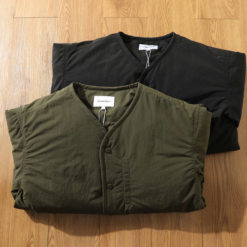 Japanese Retro Collarless Padded Jacket Men's Dark Grid Windproof Workwear Layered V-Neck Snap Button Cotton Coat Men