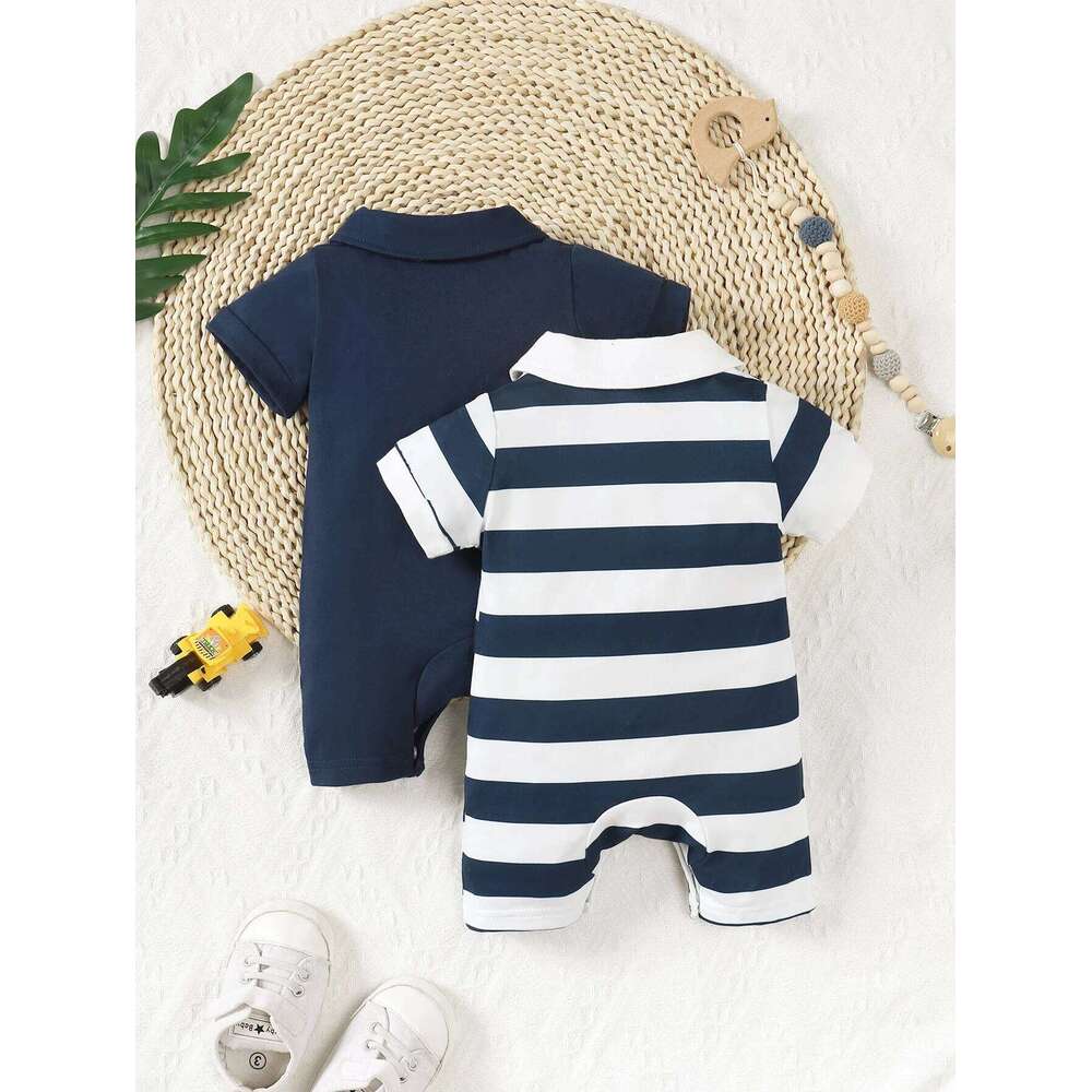 Summer Baby Boy 2pcs Cute Casual Solid Color And Striped Collared Short Sleeve Romper With Button Closure 26Y0224