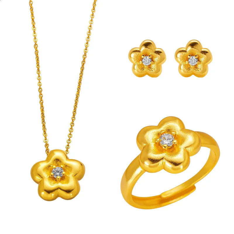 Flower Ring Earring Necklace Set for Women 24K Gold AU999 Minimalist Jewelry with Gradient Pink Enamel Petals 260207