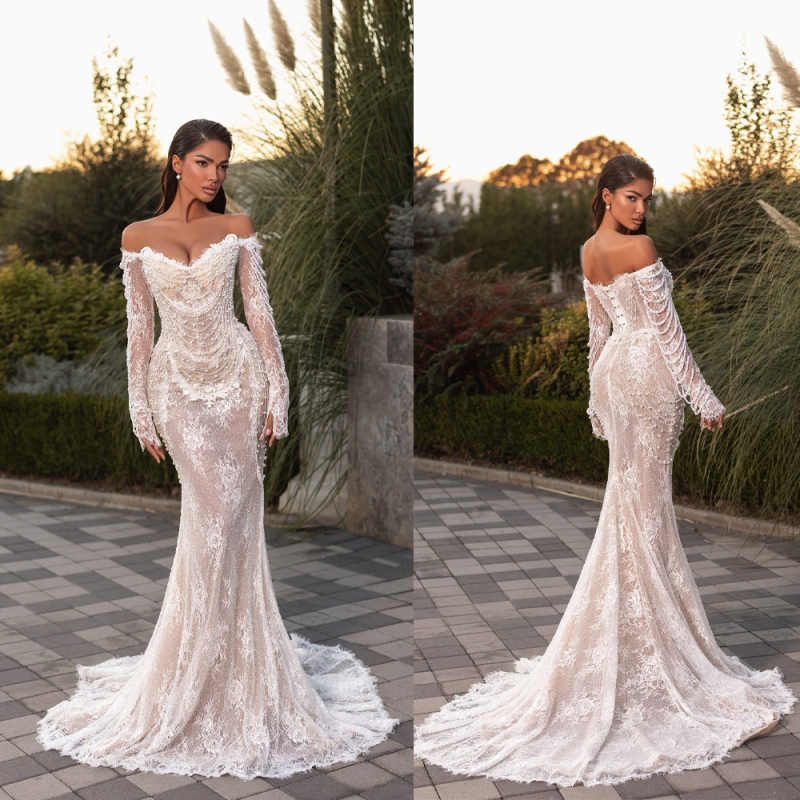 Elegant Mermaid Wedding Dress Pearls Lace Off Shoulde Bride Gowns Illusion Long Sleeve Floor Length Bridal Dresses Customized