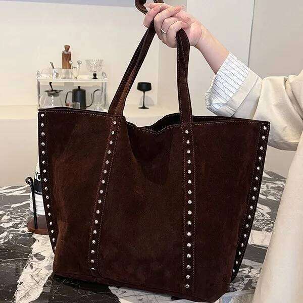 2025 Autumn Winter Women's Niche Design Suede Tote Bag with Studs, Versatile Casual Shoulder Underarm Handbag Z260224