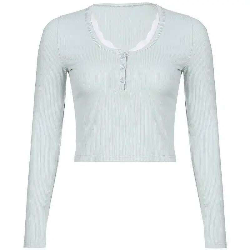 Women's T Shirts Long Sleeve Slim Lace Button Kawaii Tshirts Female Y2k Tops Casual Tees Pulovers 2024 Spring New Woman Clothin 26L0224