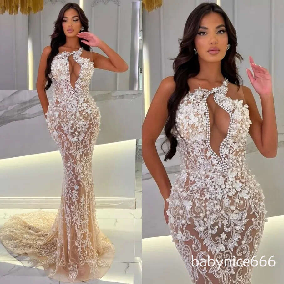 Champagne Beaded Mermaid Evening Elegant Sheer Keyhole Pearls Prom Dress Backless Robe De Soiree Sweep Train Dresses For Special Ocns 4N15