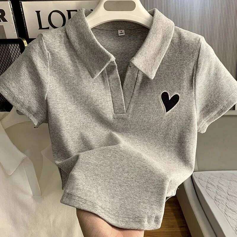 Loves Embroidery T-shirt Polo Collar Orthoshoulder Slim Hotsweet Women's Crop Top Korean Fashion Hottie Simple Casual 26W0224