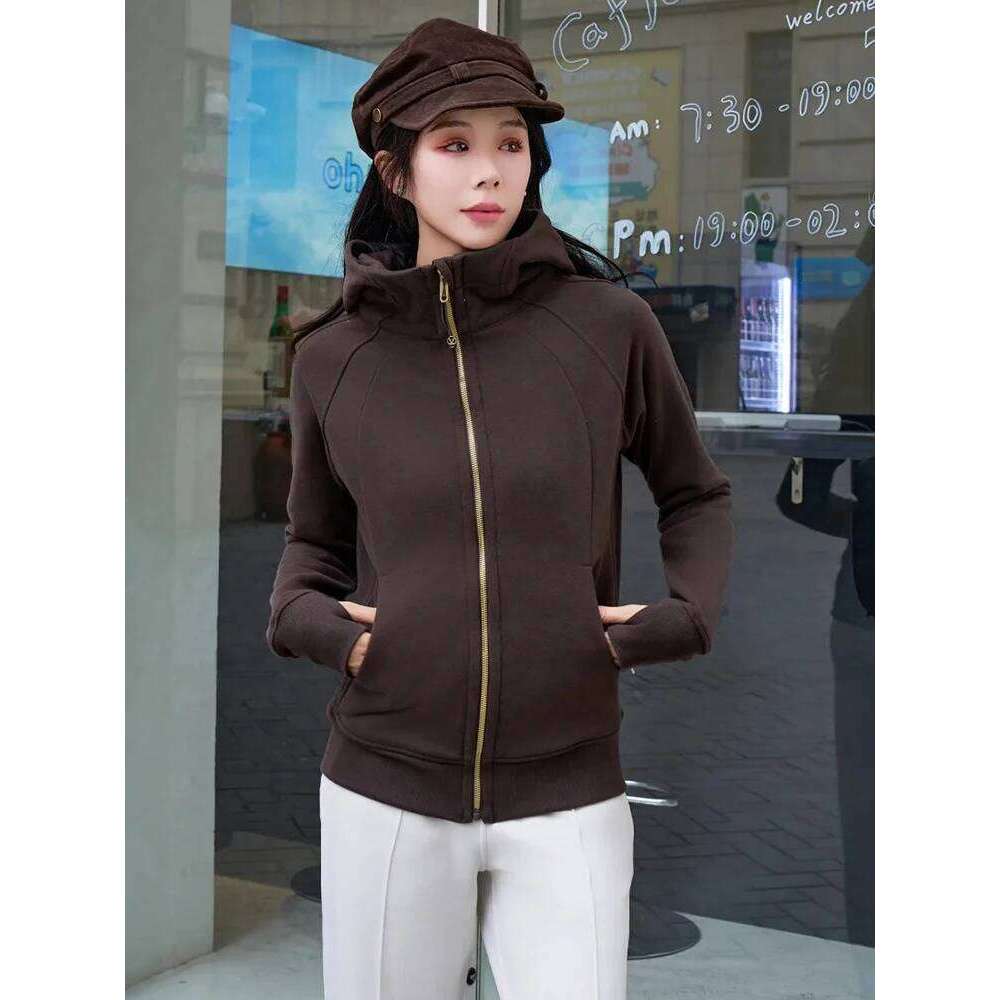 Gold Zipper Hoodie Sweatshirt , Fall Winter Fleece Yoga Top, Casual Long Sleeve Pullover for Women, Comfortable and Warm 26Y0224