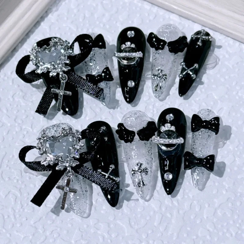 Goldcast Handmade Press on Nails Black Bow Tie Wearable Pink Cute Long False Nails Winter Reusable Full Cover Charm Nails Art 260209