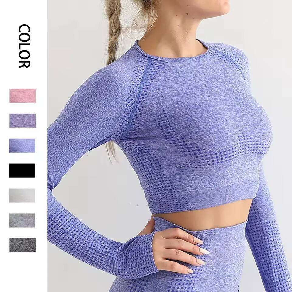 Long Sleeve Yoga Crop Top Women Round Neck Seamless Gym Tops Stretch Fit Running Shirts With Thumb Hole Workout Clothes 26Y0224