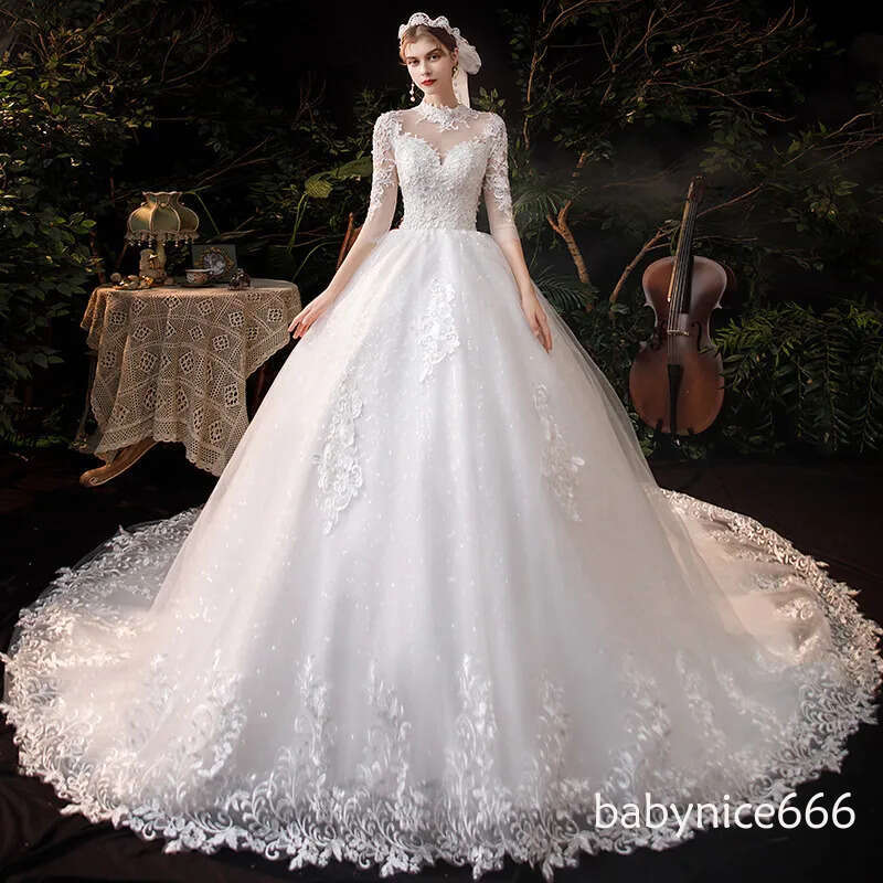 Vintage Ball Wedding Dresses High Neck Train Long Sleeves Sparkle Applique Satin Saudi Arabia Dubai Plus Size Bridal Gown 403