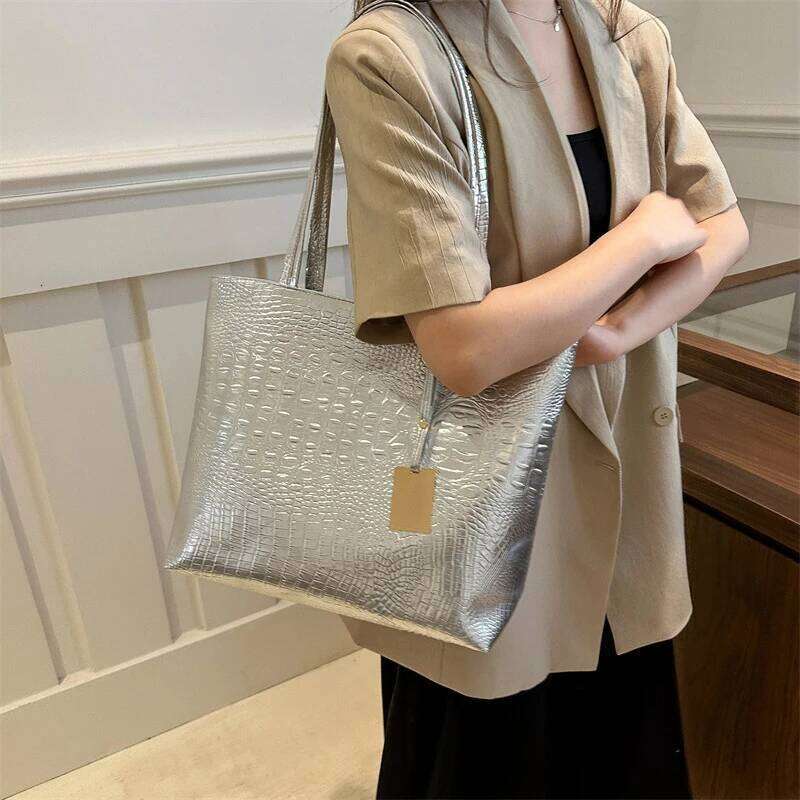 Fashion Casual Women Shoulder Silver Gold Black Crocodile Handbag PU Leather Female Big Capcity Tote Bag Ladies Hand Bags Z260224
