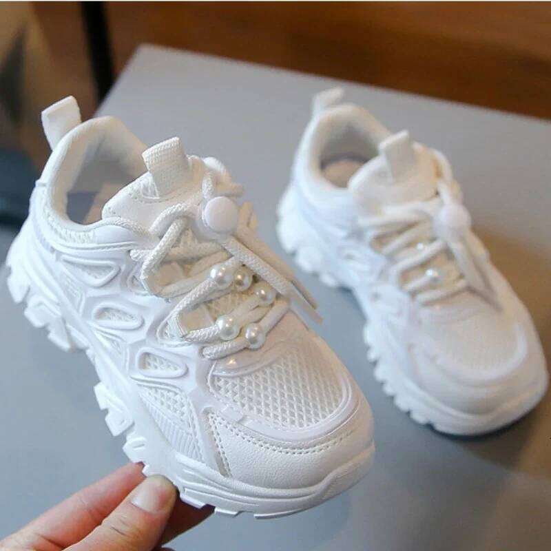 Kids Girls School White Casual Solid Color Mesh Sports Shoes for Toddlers Fashion Lightweight Children's Running Sneakers 26W0224