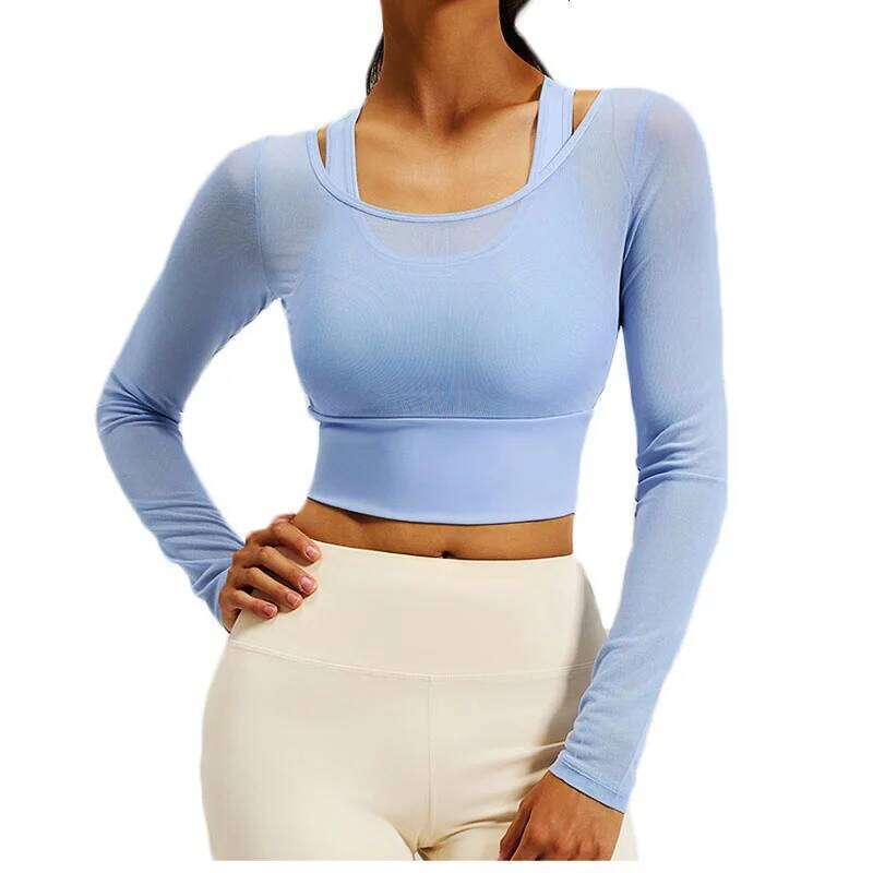 Aiithuug Long Sleeve Sheer Mesh Sexy Top Longsleeve Padded Camisole Workout Yoga Bra Crop Fitness Shirts Cropped 26Y0224