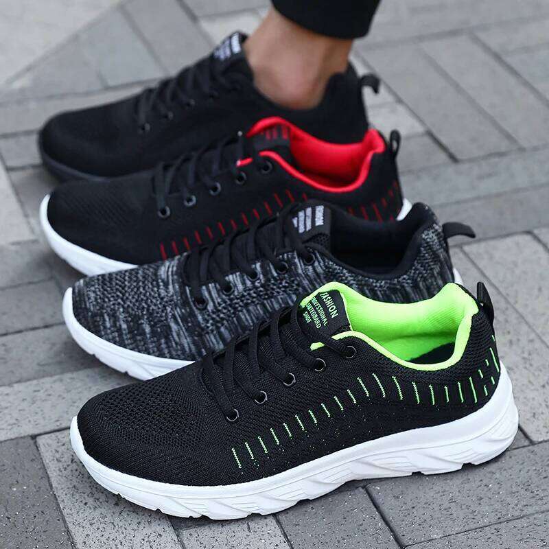 New Fashion Men's Sneakers Mesh Upper Lightweight Non-Slip Soft Sole Comfortable Walking Running Shoes Outdoor Daily Gym Black