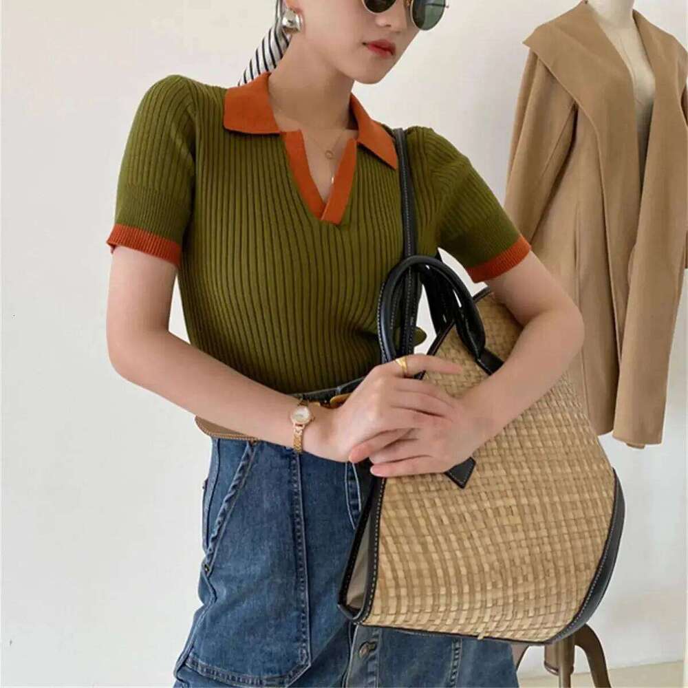 Women V Neck Knitted Tops Summer Autumn Elegant Short Sleeve Pullover Polo Shirts Slim Casual Clothes Office Lady Street Vintage 26W0224