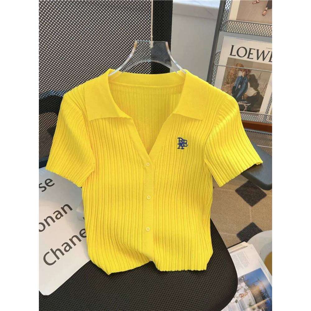 Summer Yellow Knitted Polo Shirt Women's 2024 New French V-Neck Letters High Waist Slim-Fit Ice Silk Top Short-Sleeved T-Shirt 26W0224