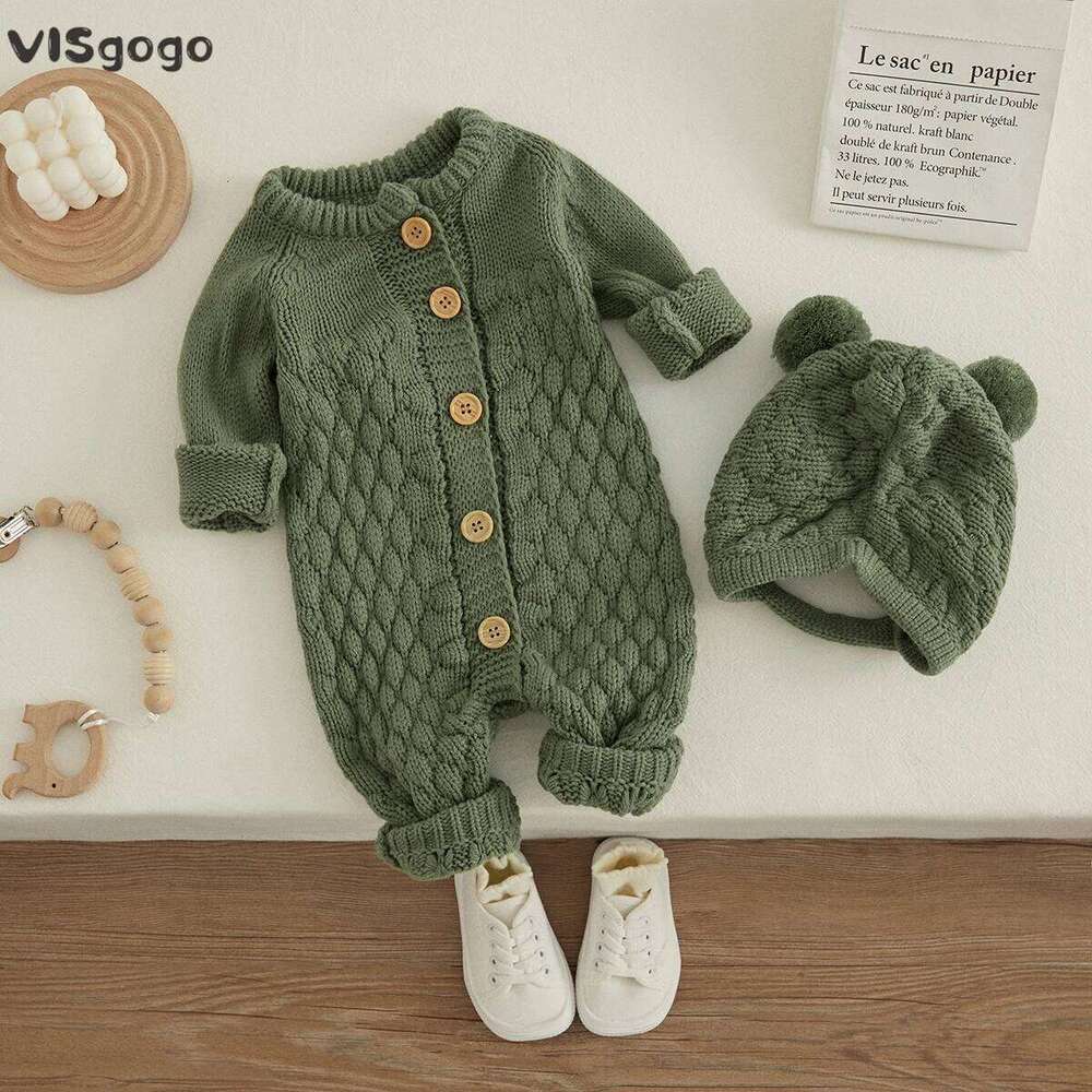 VISgogo Baby 2PCS Winter Jumpsuit Outfits Infant Boys Girls Clothes Long Sleeve Solid Color Knitted Romper + Bear Hat Set 26Y0224