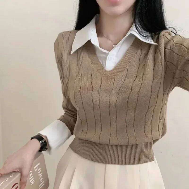 Korean Chic Spring and Autumn Age-Reducing Sweaters Retro Temperament Preppy Fake Two Pieces Shirts Twist Knit Women's Y2k Tops 26L0224