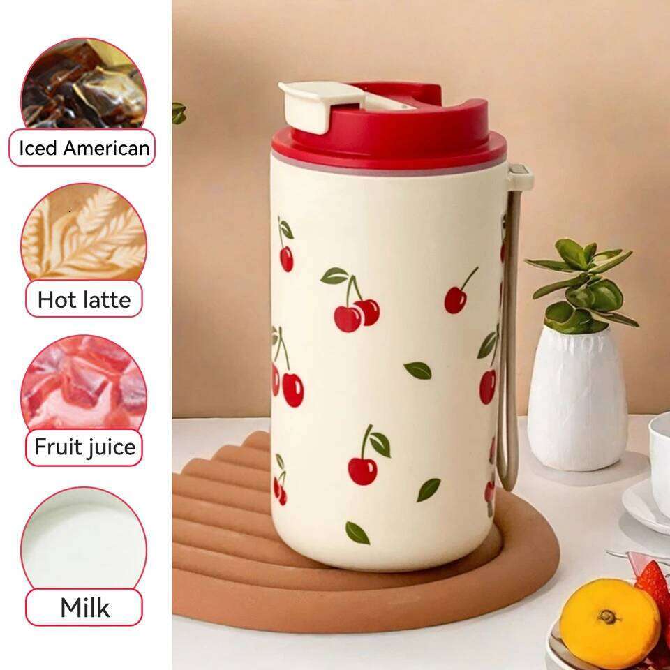 350/400ml Tumbler Plastic Cup With Rope Cherry Pattern Milk Coffee Mug Reusable Water Bottle For Student School Travel