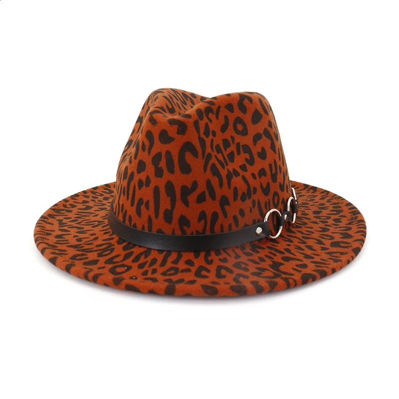 WZCX Fashion Belt Flat Top Women Leopard Felt Hat Autumn Winter Casual Personality Girls Jazz Hat Adult Cap 260124