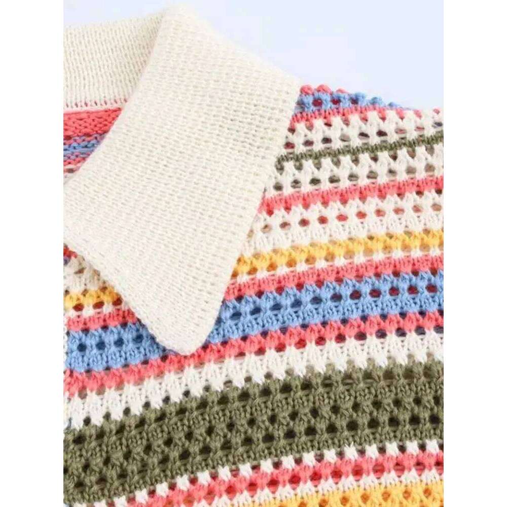 Women's Striped Crochet Knit Crop Sweater, Polo Collar, Short Sleeve, Button-up, Female Outerwear, Chic Tops, Fashion 26L0224