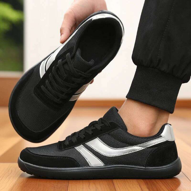 Breathable Sports Black Mesh Construction Wide Width Walking Shoes 2025 Comfortable Trendy Men's Sneakers