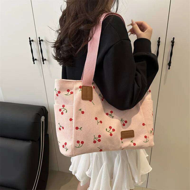 Simple Women's Corduroy Portable Shoulder Bag Cherry Print Ladies Casual Tote Bags Commuter Cute Female Shopping Handbags Z260224