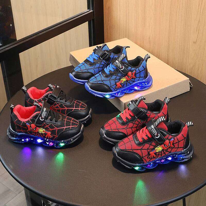 LED Casual Sneakers Red Black For Spring Boys Spiderman Mesh Outdoor Children Lighted Non-slip Shoes Size 21-30 26W0224