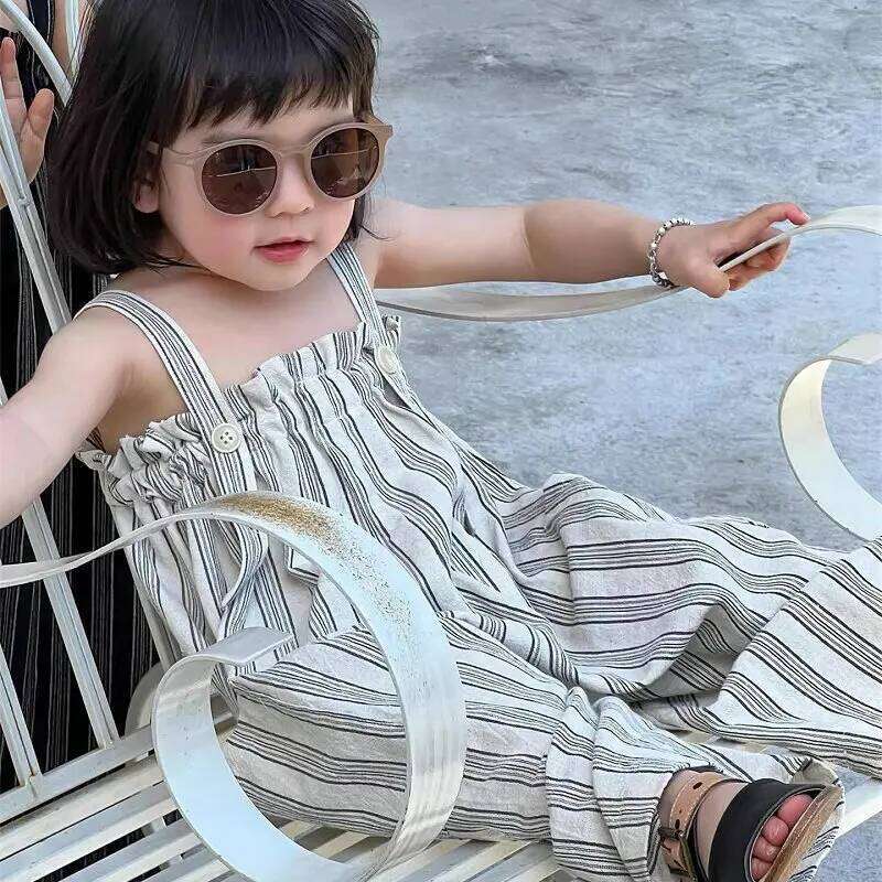 Girls' Rompers With Vertical Stripes And Double Pockets New Fashion Casual Shoulder Pants For Summer Loose Baby Kids Jumpsuit 26H0224
