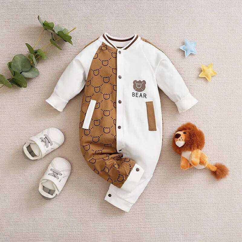 Spring Autumn Boys And Girls Cute Little Bear Printed Cotton Comfortable Casual Long Sleeve Baby Bodysuit 26Y0224