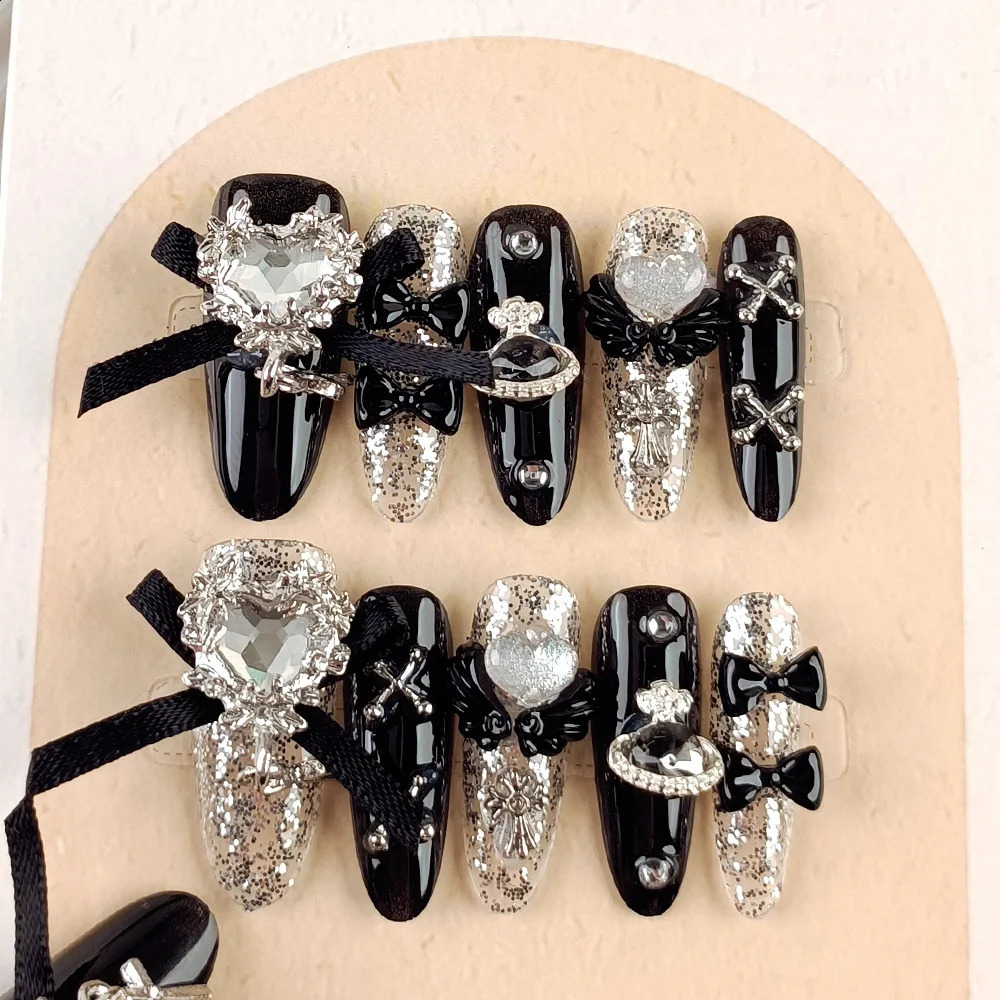 Goldcast Handmade Press on Nails Black Bow Tie Wearable Pink Cute Long False Nails Winter Reusable Full Cover Charm Nails Art 260209