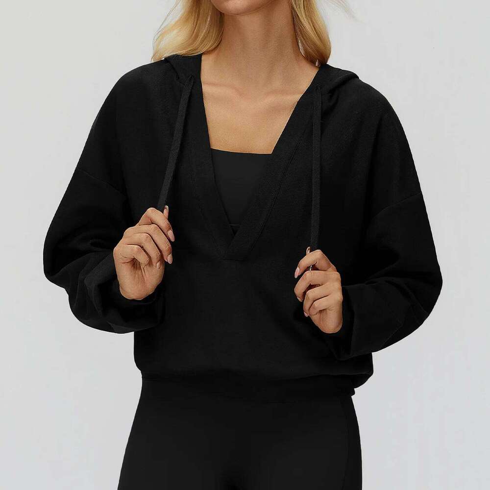 New Female Yoga Long Sleeve Top Hooded With Large V-neck Loose And Comfortable Outerwear Outdoor Running Sports 26Y0224