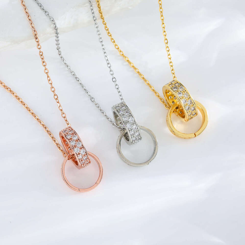 Double Ring Pendant Rose Color Clavicle Chain Women Diamond Necklace