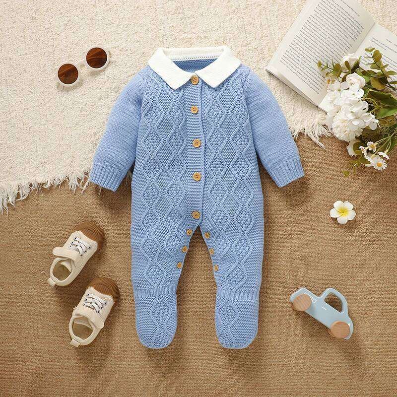 Blue Baby Rompers Knit Fashion Turtle Neck Long Sleeve Newborn Boys Jumpsuits Outfits Toddler Playsuits 0-18m Clothing 26Y0224