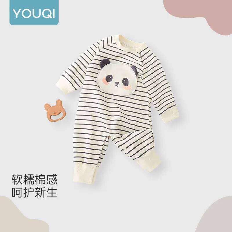 YouqiChinese Clothes Striped Romper Pure Cotton Baby Jumpsuit and Autumn Long-Sleeve Newborn Spring Crawling Suit 26Y0224