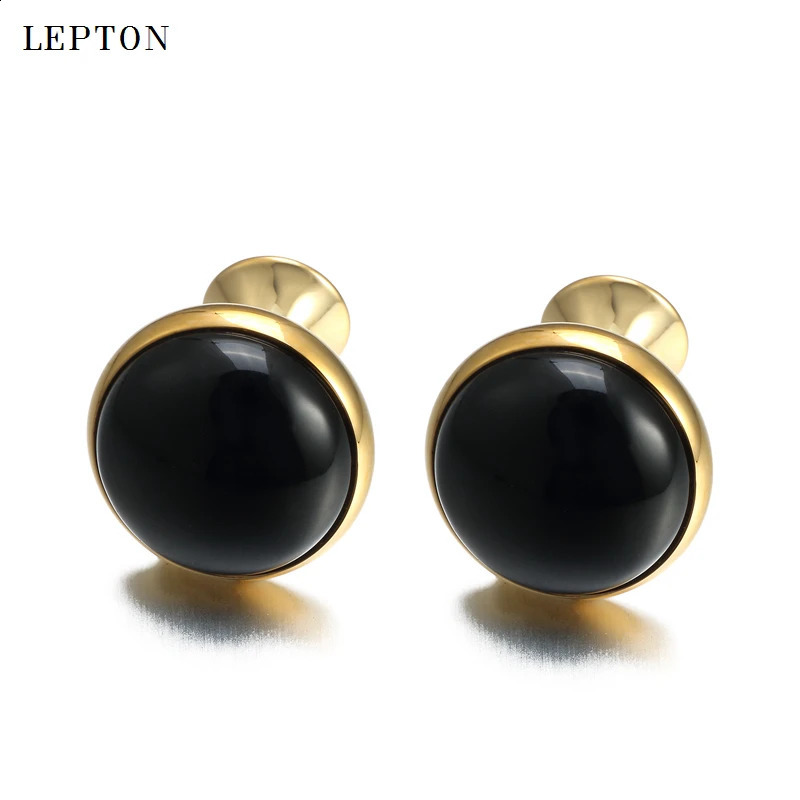 Low-key Black Onyx Cufflinks for Mens Business Lepton High Quality Gold Color Round Onyx Stone Cuff links Relojes gemelos 260208
