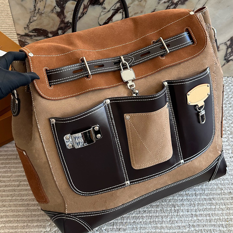 Top designer cowhide patchwork frosted Keepall 50cm vacation bag oxhide leather vintage metal shoulder super heavy travel bag,