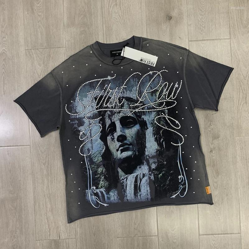 Men's T Shirts Streetwear Vintage Washed Diamond Cropped Tee For Men Crew Neck Short Sleeve Loose Cotton Rhineston Tshirts Oversized