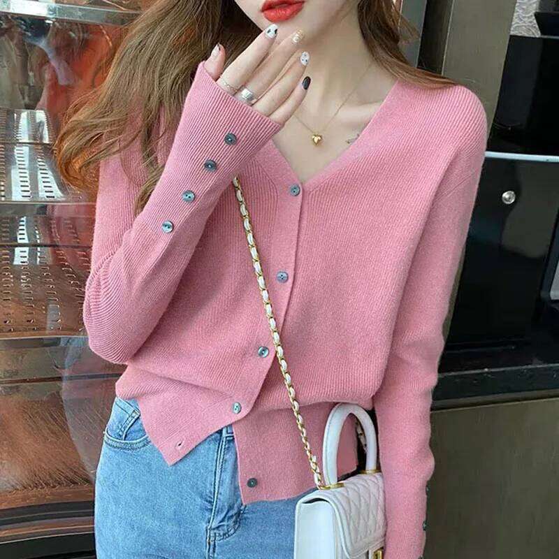 2025 Autumn And Winter Casual Sweater V Neck Women Korean Fashion Tops Long Sleeve Solid Basic Knitted Cardigan Female 26L0224