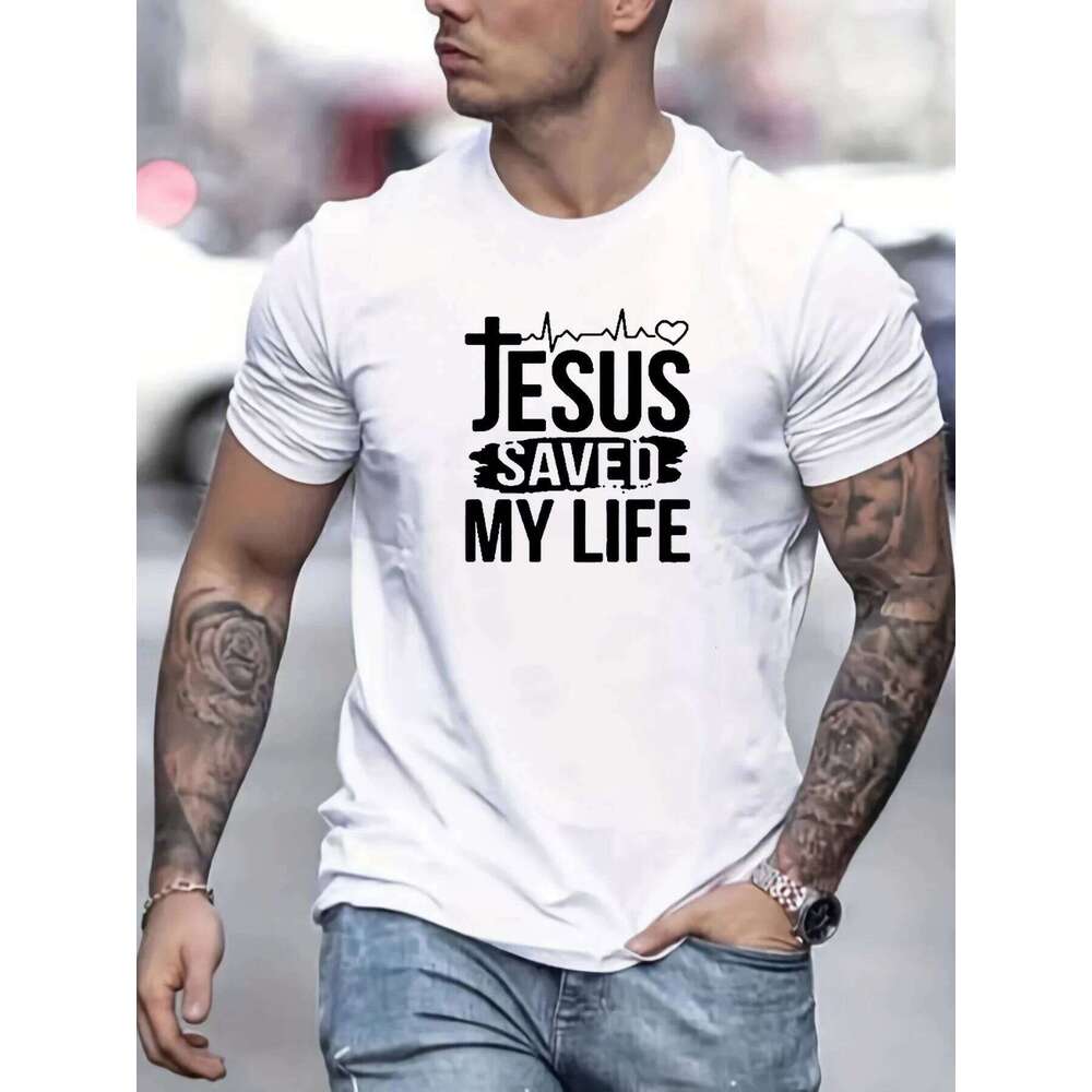 2026 New Summer men's 100% cotton casual loose size JESUS SAVED MY LIFE print round neck short sleeved T-shirt top H260224
