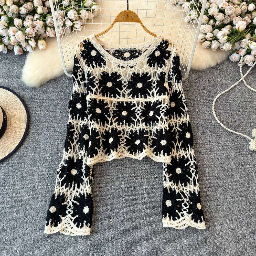 Daisy Crochet Sweater Long Sleeve Sheer Open-knit Crop Knit Top Pullover for Women Teen-girl Fall Winter Boho Beach Outfit 26L0224