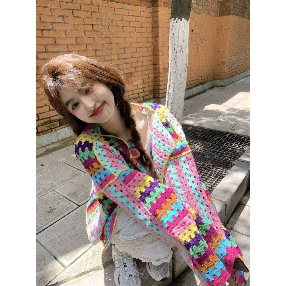 SALIENCY Colorful Crochet Knit Hollow Cardigan Sweater Jacket Women Spring Top Loose Short Knitwear 26L0224