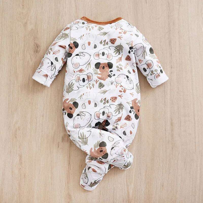 Infant's koala Print 0-18 months Bodysuit Autumn/winter plush and heavy Comfy Long Sleeve Onesie, Baby Boy's Clothing, As Gift 26Y0224