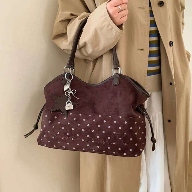 Brand Women's Shoulder Bag Y2k Fashion Sweet Polka Dot Handbag Korean Casual Versatile Leopard Print Brown Frosted Tote Bags Z260224