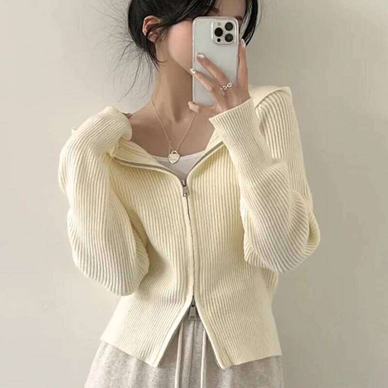 Hooded Cardigan for Women Long Sleeve Fuzzy Zip Up Knit Crop Sweater Jacket Fall Winter Teen-girl Y2K Acubi Outfit 26L0224