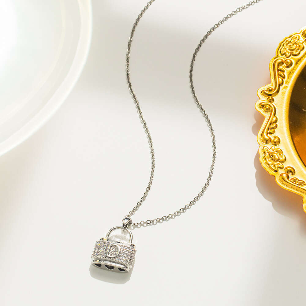 Korean Japanese Fashion D-Letter Bag Necklace Micro-Inlaid With Diamonds Handbag Pendant Titanium Steel Collarbone Chain For Women